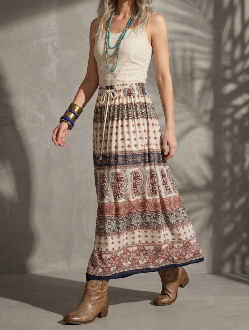 Mlle Gabrielle Boho Embellished Tiered Maxi Skirt XL Paisley Gauze Festival